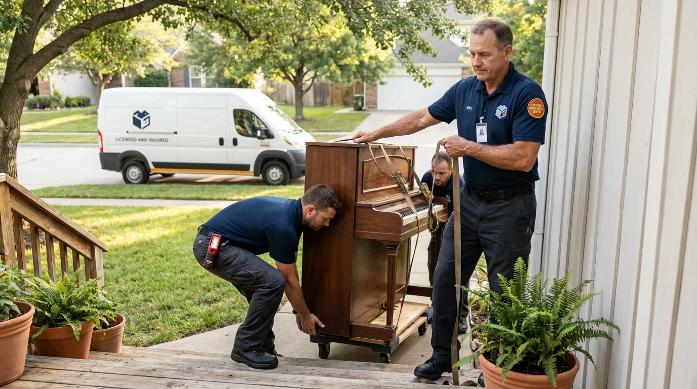 Licensed piano movers securing grand piano in East Tawas, MI