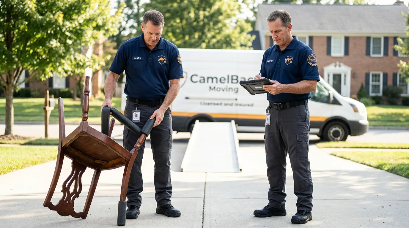 Movers inspecting furniture for damage prevention before loading in East Tawas, MI