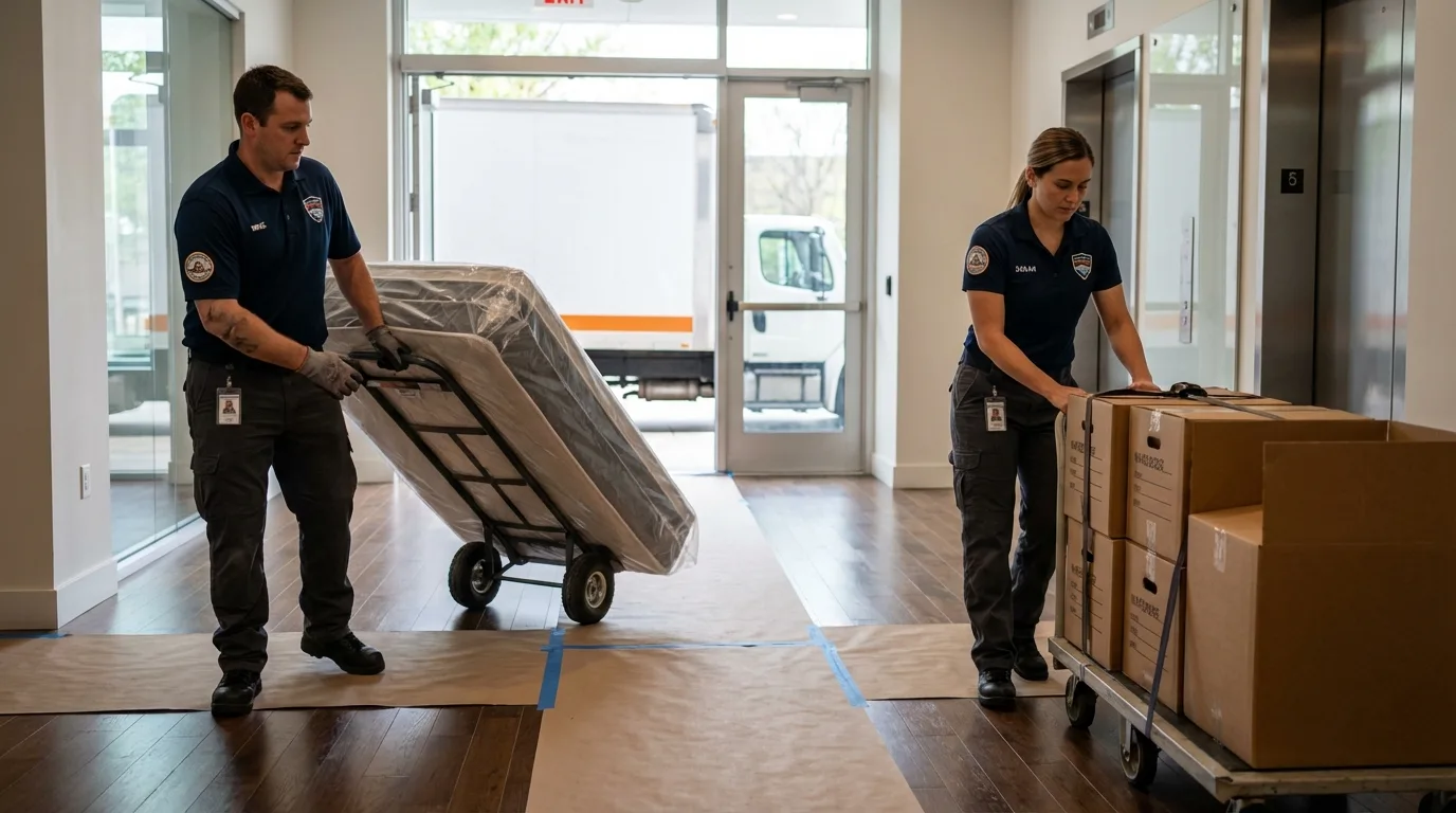 Professional apartment movers loading elevator in East Tawas, MI
