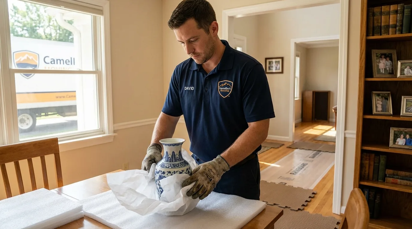 Professional crew carefully wrapping antique vase for senior downsizing move in East Tawas, MI