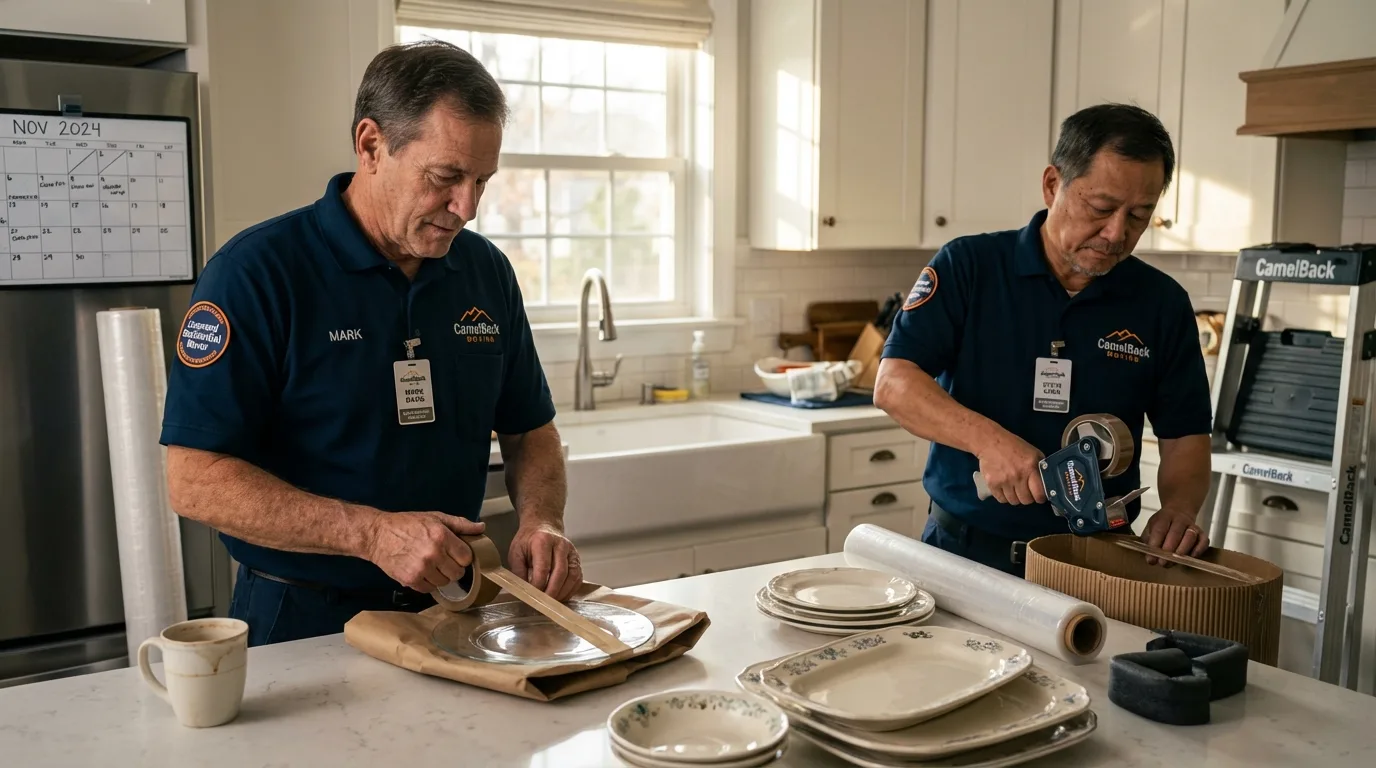 Professional crew packing kitchen dishware in East Tawas, MI